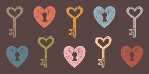 Set of Hand-drawn Isolated Objects Hearts and Keys of Different Colors. Style of Children's Drawing.