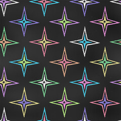 Seamless Grunge Pattern of Chalk Drawn Sketches Colorful Stars on Chalkboard Backdrop. Retro Starry Print.