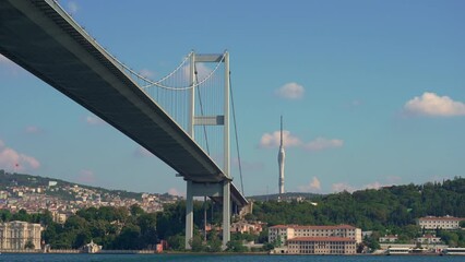 From the gentle waters of the Bosphorus, the camera captures the iconic Bosphorus or 15 July Martyrs Bridge, framing the vibrant Istanbul skyline a mesmerizing encounter between two continents.