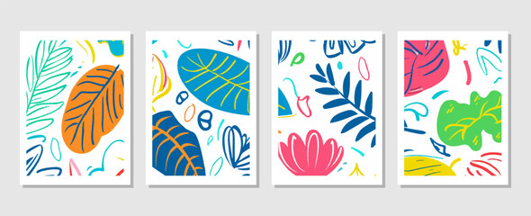 set of abstract vector backgrounds featuring tropical leaves. Hand-drawn textures suitable for wall decoration, postcard designs, or brochure covers.