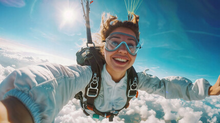Young smiling woman jumping with a parachute. The pleasure and emotions of jumping in the sky and free falling. Sky diving