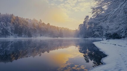 Fototapeta na wymiar serene winter wonderland with frozen lake reflecting frosty trees in snowy forest at golden hour landscape photography
