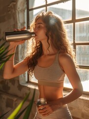 A person wearing workout clothes and drinking from a stainless steel water bottle in a sunlit room.