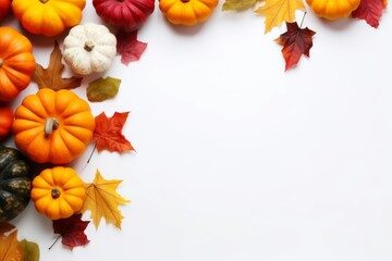 Fototapeta premium Autumn composition. Dried leaves, pumpkins, flowers, berries on white background. Autumn, fall concept. Flat lay, top view, copy space. High quality photo