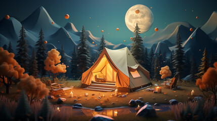 flat illustration of traveling and vacation concept. forest camp. advanturous trip at night surrounding with the mountain and full moon. - 794080744