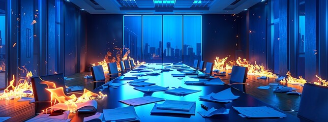 Burnout concept, empty conference room, scattered papers, cold blue lighting, wide angle, 