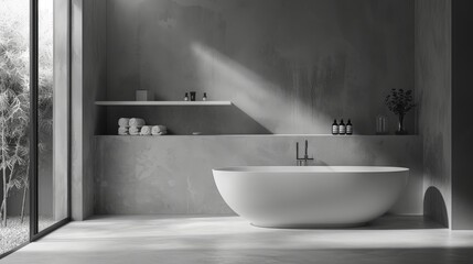 A minimalist bathroom with a sleek bathtub and a shelf of unbranded skincare products.