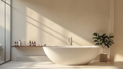 Fototapeta na wymiar A minimalist bathroom with a sleek bathtub and a shelf of unbranded skincare products.