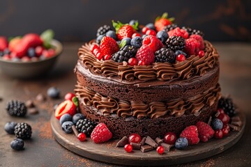Traditional homemade chocolate cake sweet pastry dessert with brown icing, cherries, raspberry