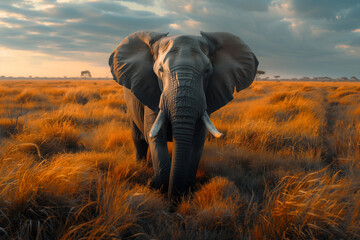 A majestic elephant standing tall in the savannah, its ears and tusks contrasting against the golden grass under an overcast sky