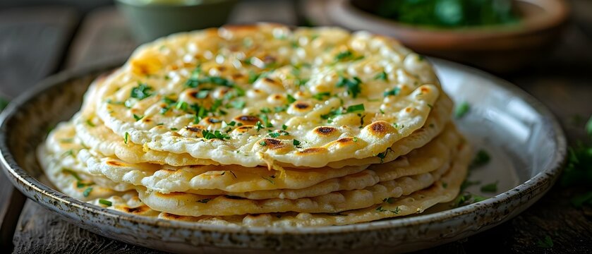 Homemade Kerala Porotta layered flatbread made with wheat flour on a ceramic plate. Concept Kerala Porotta, Homemade, Flatbread, Wheat Flour, Ceramic Plate