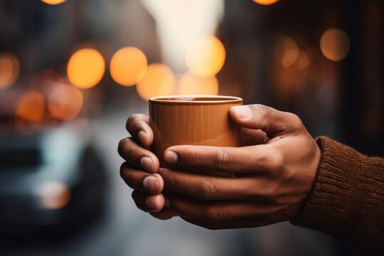 Closeup of a hand model holding a cup of coffee, with a softly focused background to enhance the warmth and comfort of the scene