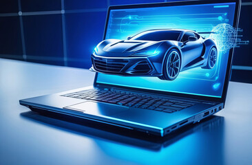Hologram of a sportcar driving out of a laptop screen