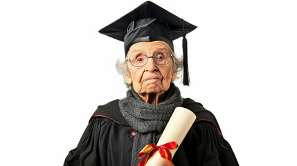 portrait of an old woman graduate in cap and gown