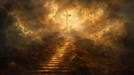 stairway to heaven glowing cross at top of stairs spiritual salvation concept religious digital painting - obrazy, fototapety, plakaty