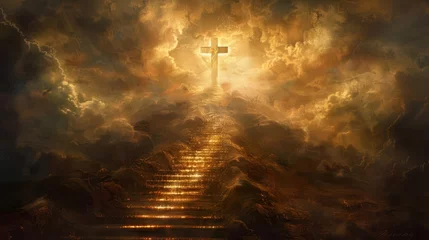 Fotobehang stairway to heaven glowing cross at top of stairs spiritual salvation concept religious digital painting © Bijac