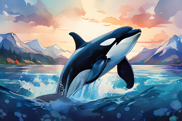 killer whale plays in the waves at sunset, in a watercolor style. World Whale Day