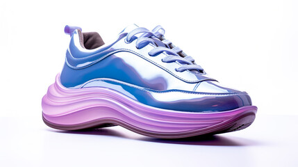 Isolated on a white background are glossy blue and purple sneakers with foam soles.