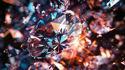 A fractured diamond shattering into a kaleidoscope of geometric shapes, each facet glowing with a different color, perfect for a jewelry store advertisement.   - obrazy, fototapety, plakaty