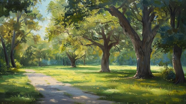 timeless tranquility majestic old trees stand tall in serene park landscape oil painting