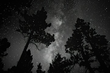 the night sky is filled with stars and trees - obrazy, fototapety, plakaty