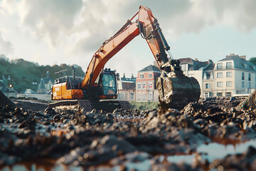 Witness construction in action as an excavator digs the ground at a construction site, preparing for the installation of pipes.