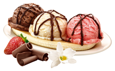 banana split com bola de sorvete morango, bola de sorvete de chocolate e bola de sorvete de baunilha isolado em fundo transparente