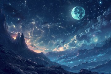 Naklejka na ściany i meble a night scene with mountains and a full moon