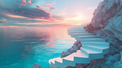 A dreamlike image of a spiral staircase made of smooth, white stones, winding down from a clifftop into a calm, turquoise sea at sunset, with the sky ablaze with color.   - obrazy, fototapety, plakaty