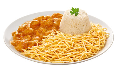prato com strogonoff acompanhado de arroz branco e batata palha isolado em fundo transparente
