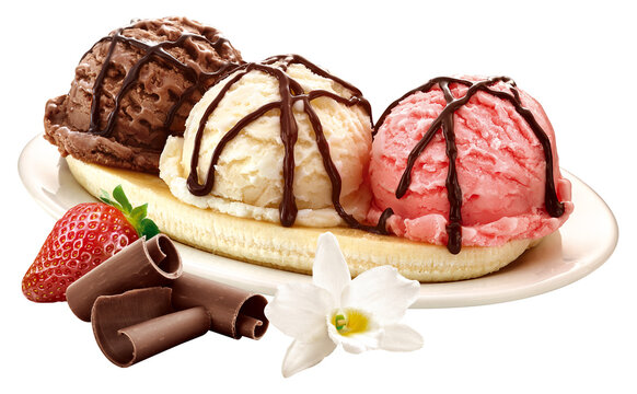 banana split com bola de sorvete morango, bola de sorvete de chocolate e bola de sorvete de baunilha isolado em fundo transparente