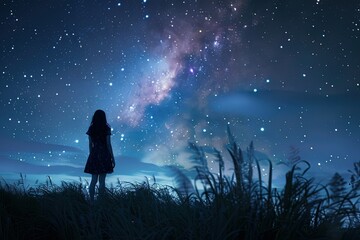 Fototapeta na wymiar a girl looking at the stars in the night sky