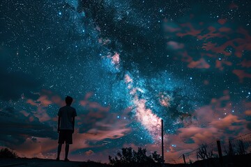 a man standing on a hill looking at the stars