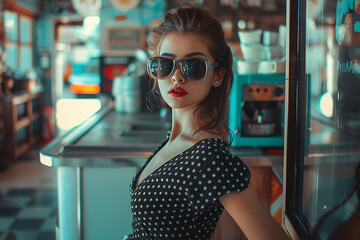 Transport yourself to another era with a captivating photo of a beautiful girl in retro style, exuding timeless elegance and vintage charm. - obrazy, fototapety, plakaty