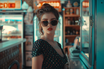 Transport yourself to another era with a captivating photo of a beautiful girl in retro style, exuding timeless elegance and vintage charm. - obrazy, fototapety, plakaty