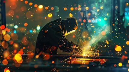 welder works with sparks and bokeh lights in industrial setting digital painting