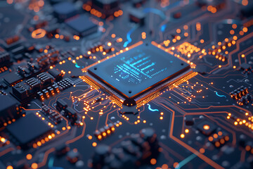 Get up close to cutting-edge technology with a detailed shot of a storage chip on a circuit board against a striking blue background.