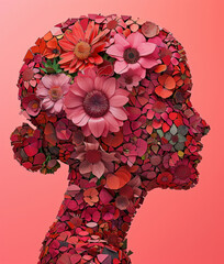 Floral Woman's Head Composition on Pink Background with Various Flowers - obrazy, fototapety, plakaty