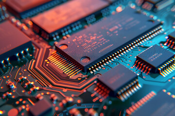 Get up close to cutting-edge technology with a detailed shot of a storage chip on a circuit board against a striking blue background.