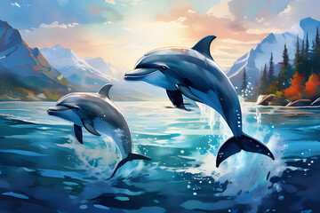Dolphins playing in the waves at sunset, watercolor style. World Dolphin Day