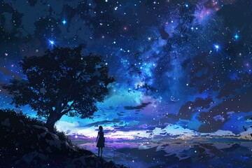 a person standing on a hill looking at the stars
