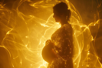 A captivating wireframe visualization against a glowing translucent background, featuring a pregnant woman embodying maternal beauty and grace. - obrazy, fototapety, plakaty