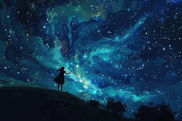 a person standing on a hill looking at the stars