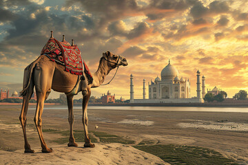 Photo camel with mosque in beautiful islamic background