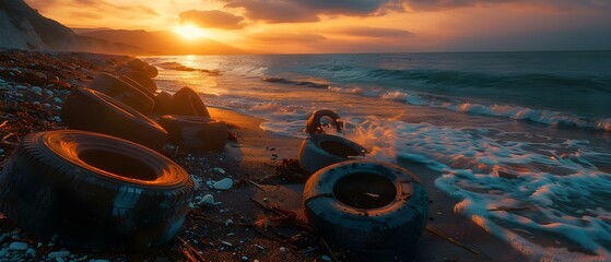 Rubber tires washed ashore on sunset beach from refugees crossing the Mediterranean to Europe. Concept Refugee Crisis, Environmental Impact, Human Rights, Mediterranean Sea, Beach Pollution - obrazy, fototapety, plakaty