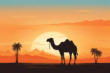 Silhouette of camel and palm trees at sunset, illustration.