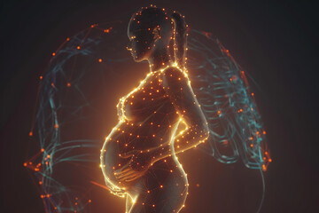 A captivating wireframe visualization against a glowing translucent background, featuring a pregnant woman embodying maternal beauty and grace. - obrazy, fototapety, plakaty