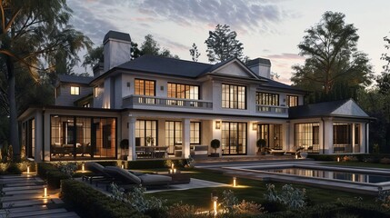 modern farmhouse exterior design in golden hour lighting architectural 3d rendering