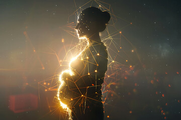 A captivating wireframe visualization against a glowing translucent background, featuring a pregnant woman embodying maternal beauty and grace.