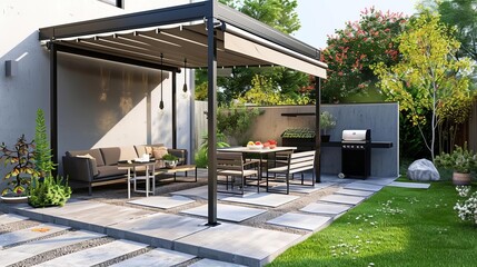 modern patio with pergola awning dining table seats and grill 3d rendering